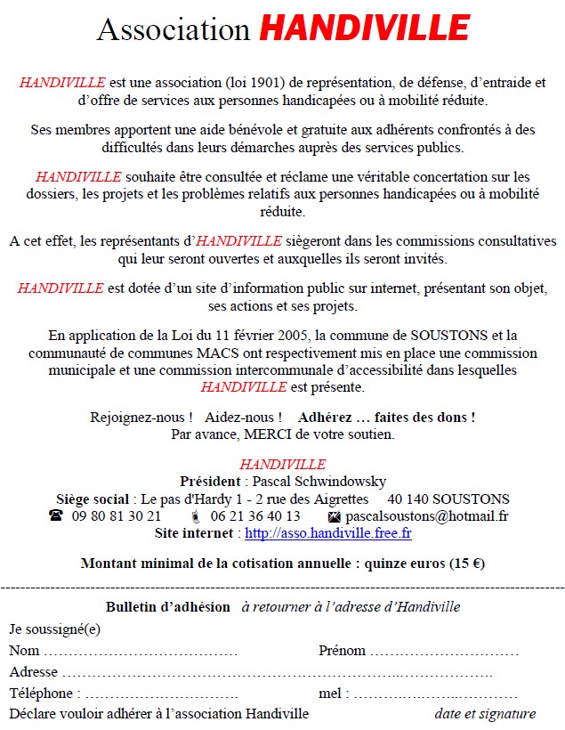 Bulletin d'adhesion HANDIVILLE